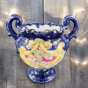 Antique Fine Porcelain Vase Vessel Footed Dish Bowl W Handles Decorated Ceramic